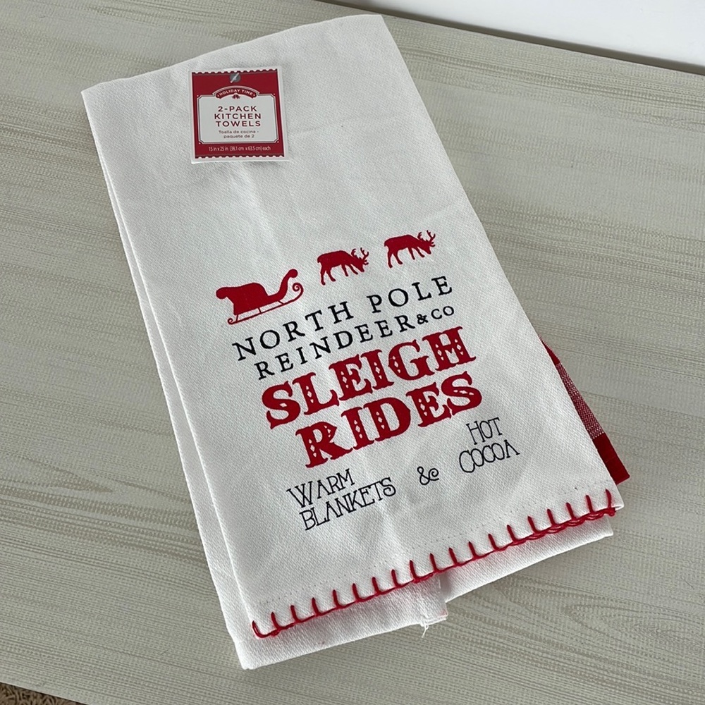 2 Pack red white kitchen towels set North Pole Reindeer Co Sleigh Rides